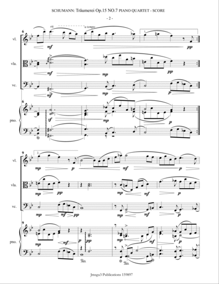 Schumann: Träumerei Op. 15 No. 7 for Piano Quartet Piano Quartet scores gallery preview page 2