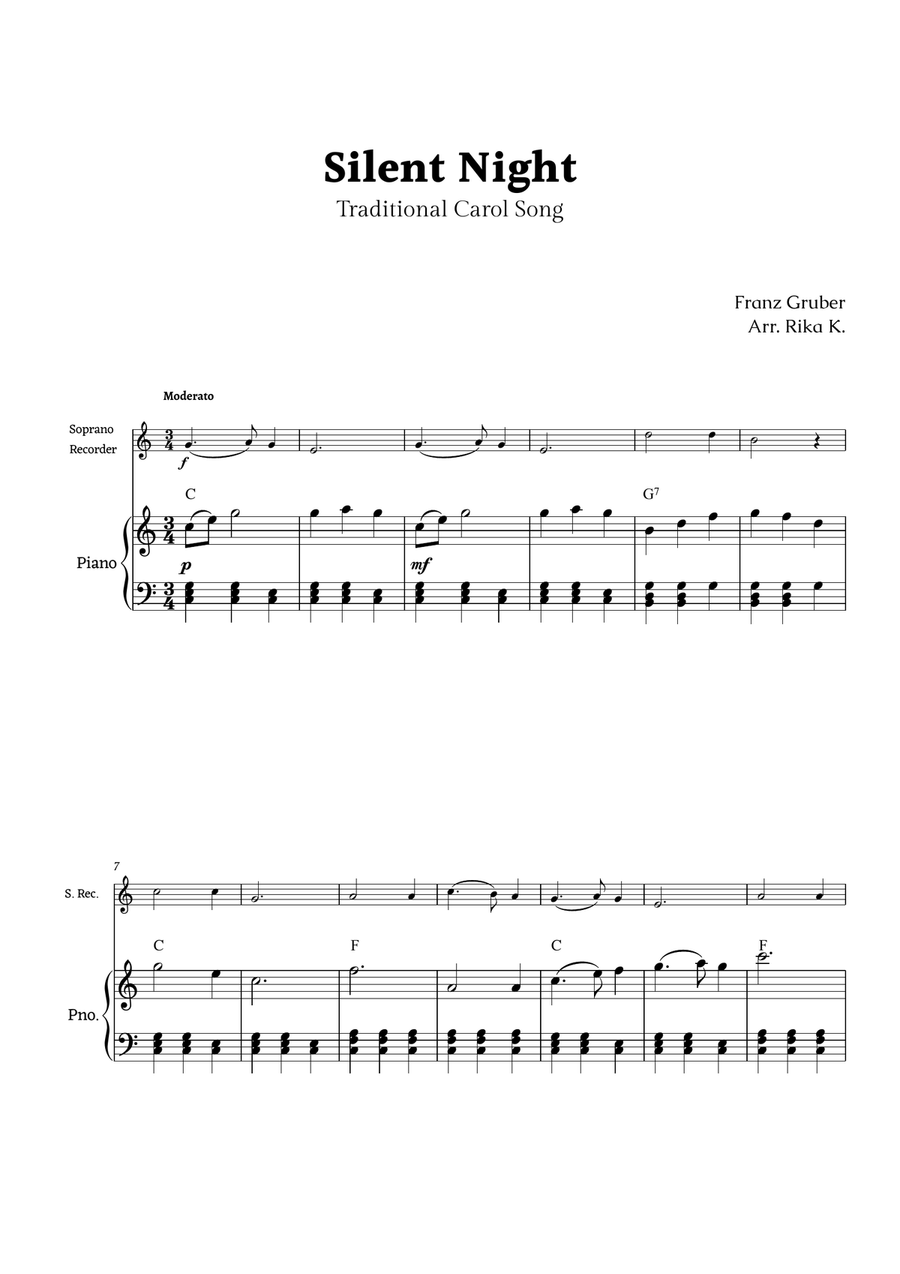 Silent Night for Soprano Recorder and Piano Chamber Music scores gallery preview page 1