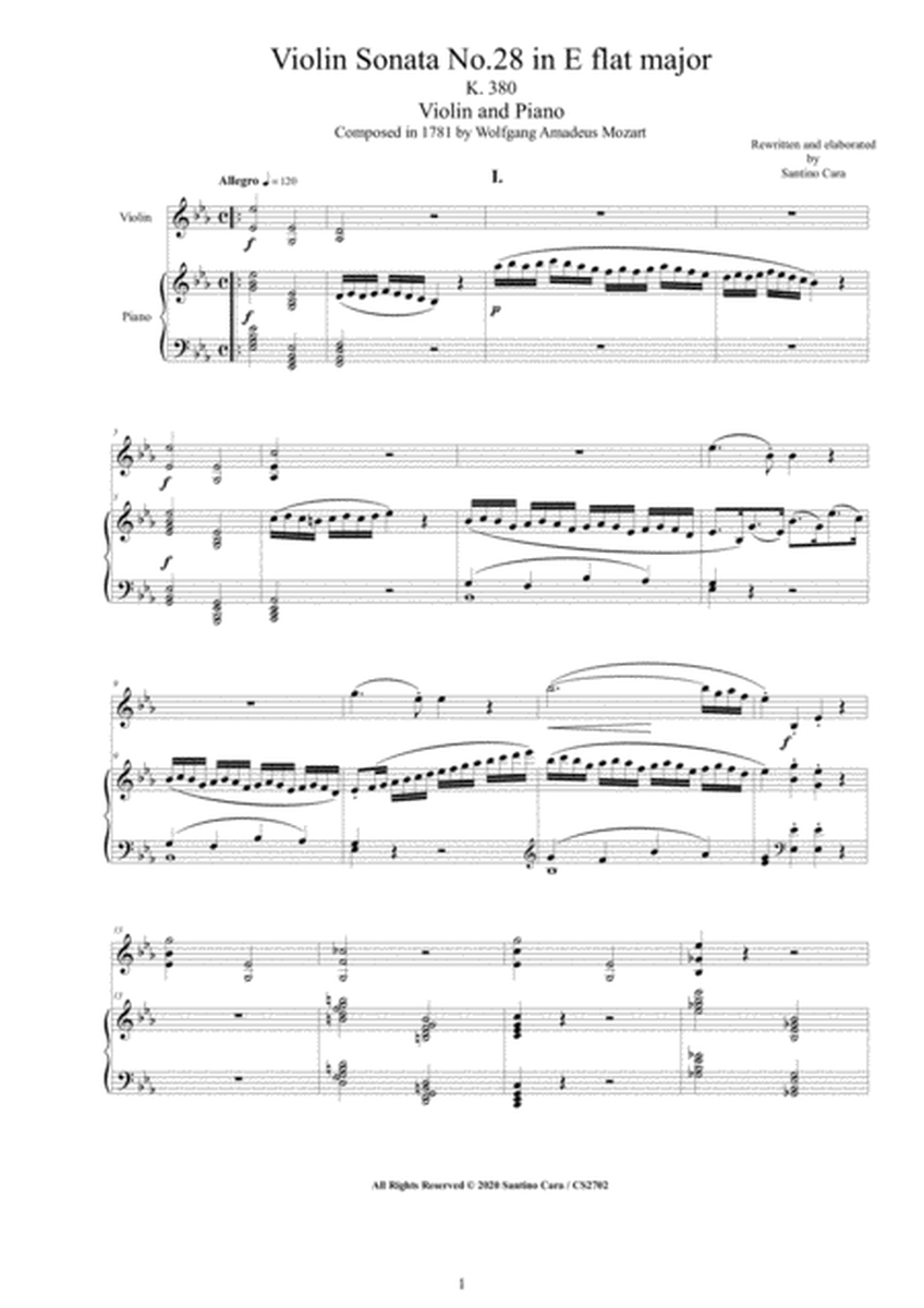 Mozart - Violin Sonata No.28 in E flat K 380 for Violin and Piano - Score and Part image number null