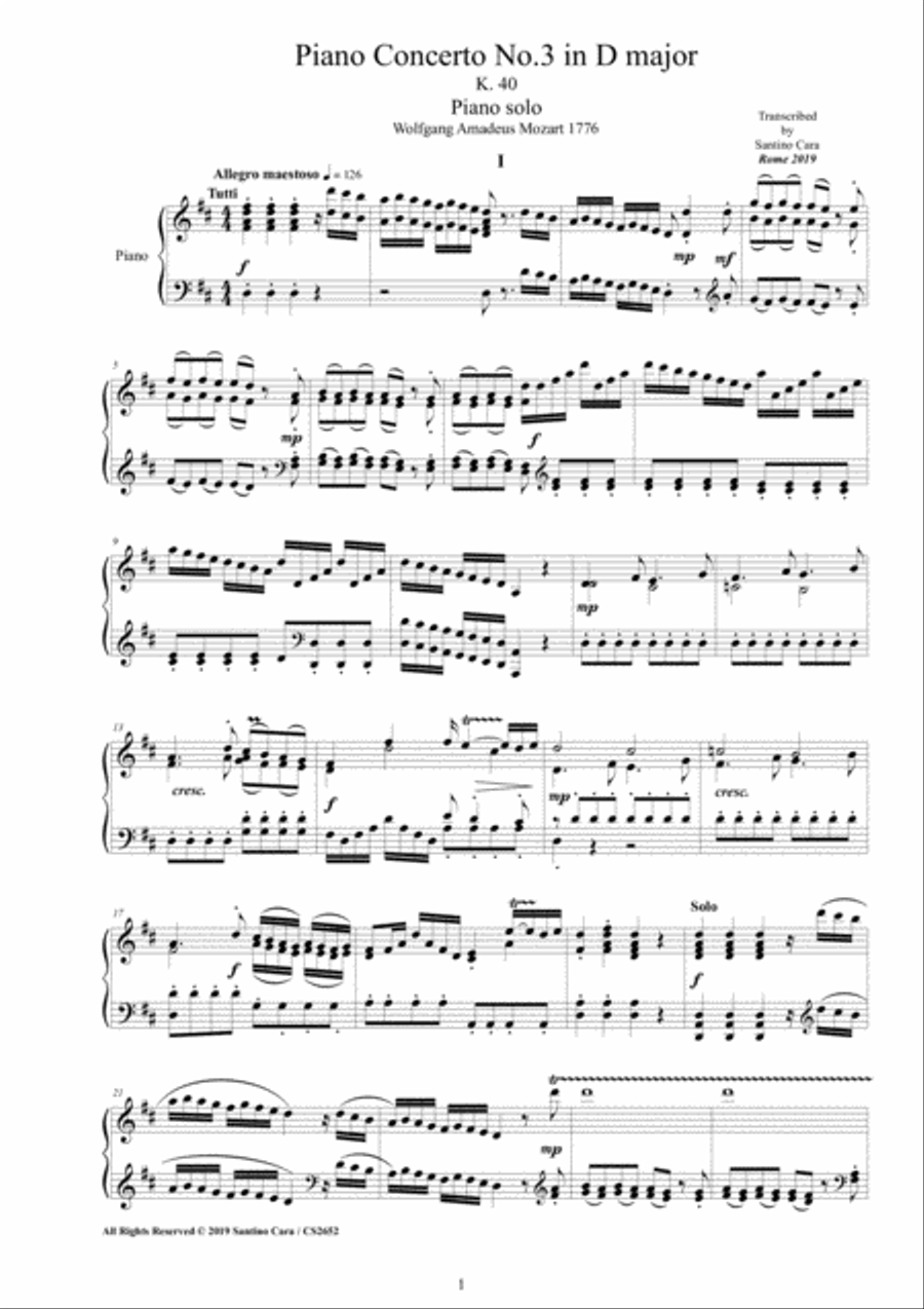Mozart - Piano Concerto No.3 in D major K 40 - Piano version Piano Solo scores gallery preview page 1