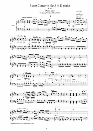 Book cover for Mozart - Piano Concerto No.3 in D major K 40 - Piano version