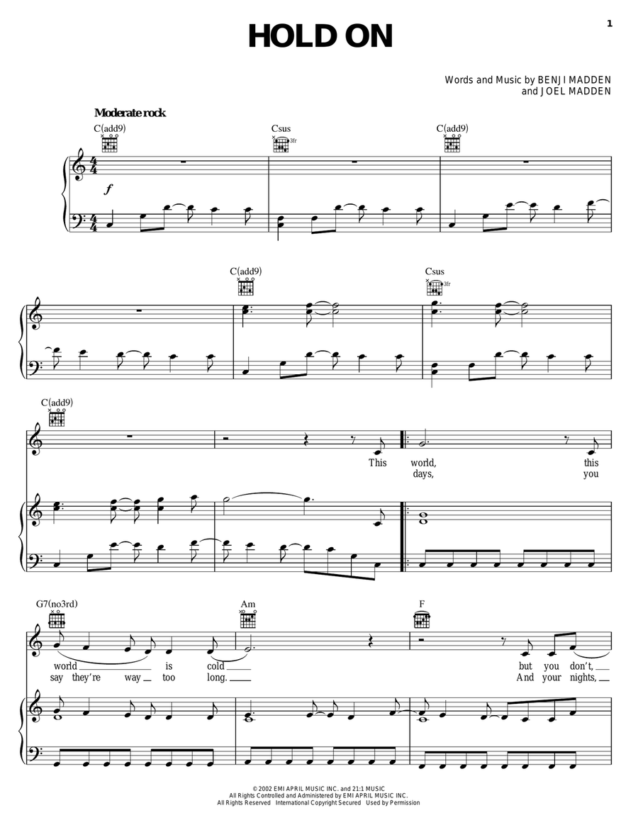 Hold On Piano, Vocal, Guitar scores gallery preview page 1