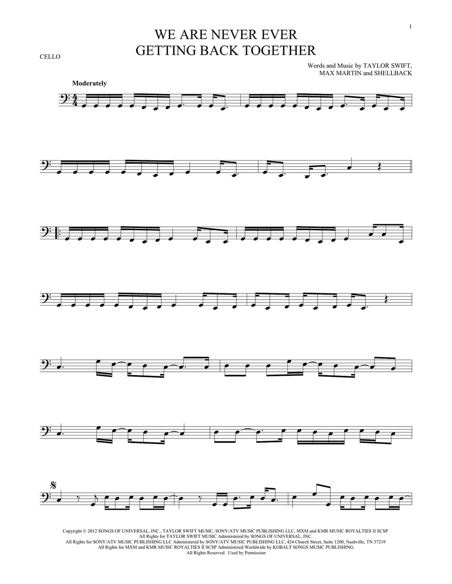 We Are Never Ever Getting Back Together Cello Solo scores gallery preview page 1