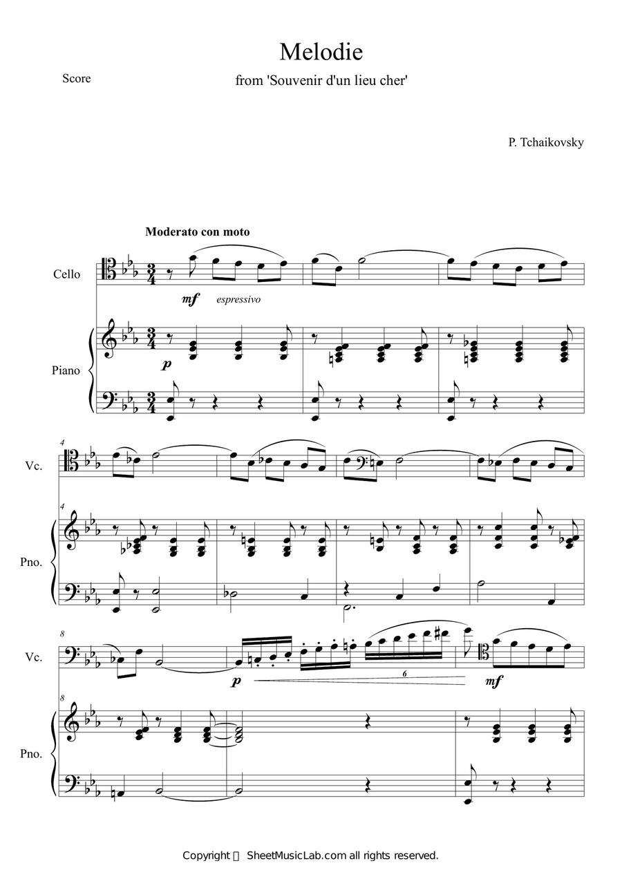 Tchaikovsky: Souvenir d'un lieu cher, Op.42 Melodie by Peter Ilyich Tchaikovsky Piano - Digital Sheet Music