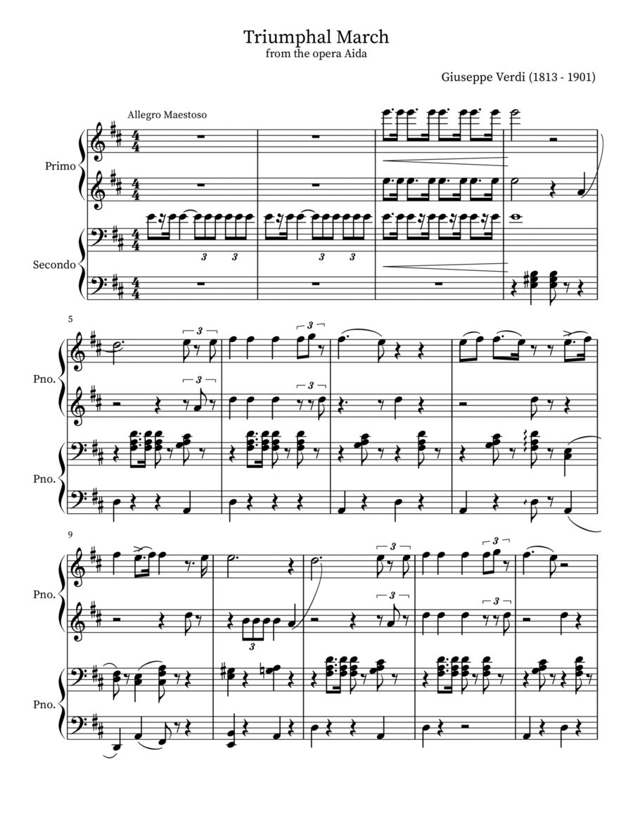 Triumphal March from the opera Aida by Giuseppe Verdi, piano duet, late beginner, early intermediate Piano Duet scores gallery preview page 1