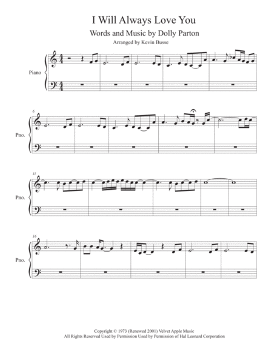 I Will Always Love You Easy Piano scores gallery preview page 1