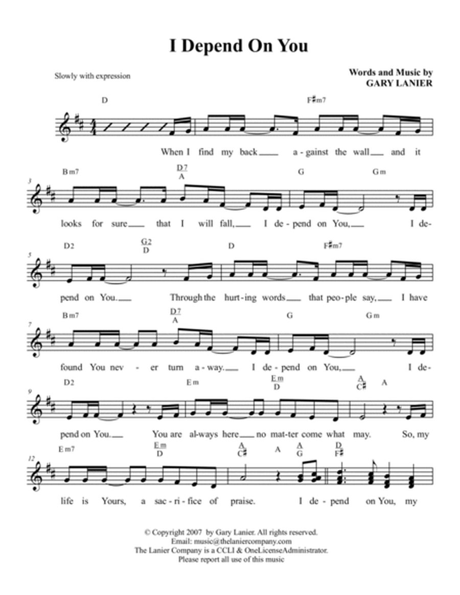 I DEPEND ON YOU, Worship Lead Sheet (Includes Melody, Vocal Parts, Lyrics & Chords) image number null