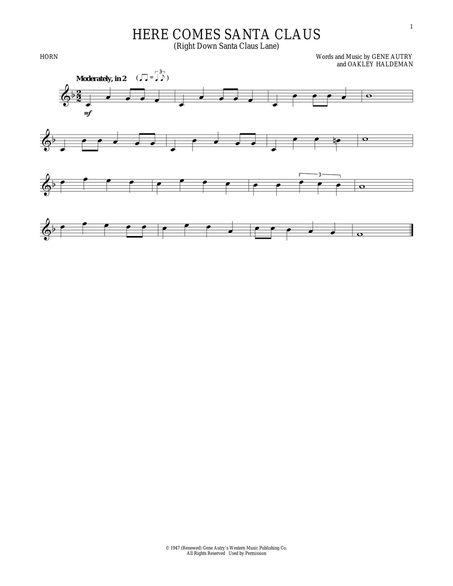 Here Comes Santa Claus (Right Down Santa Claus Lane) Horn Solo scores gallery preview page 1