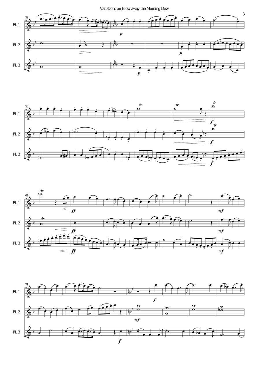 Variations on Blow away the morning dew for flute trio (3 C flutes) Flute Solo scores gallery preview page 3
