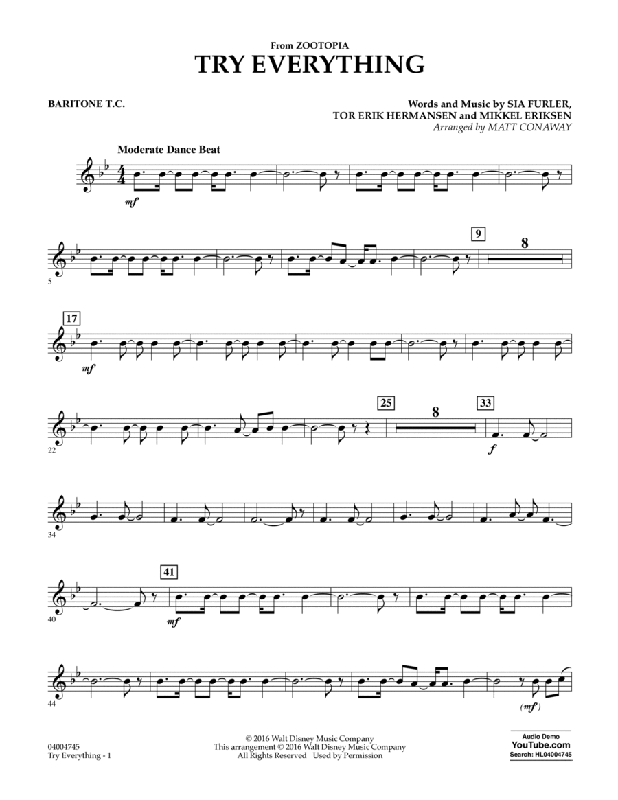 Try Everything (from Zootopia) - Baritone T.C. Baritone Horn TC scores gallery preview page 1