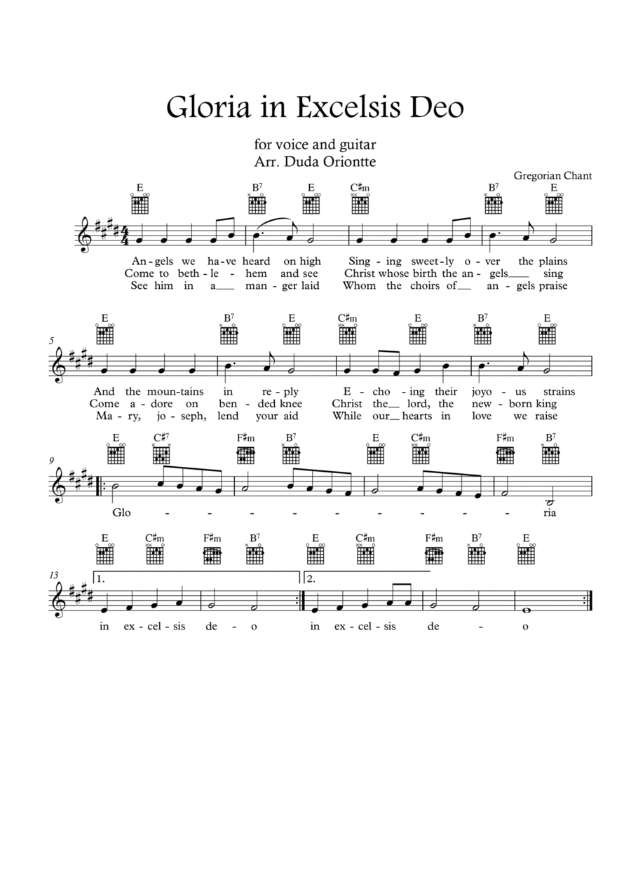 Gloria in excelsis Deo (E major - TABS - with lyrics) Guitar Tablature scores gallery preview page 1