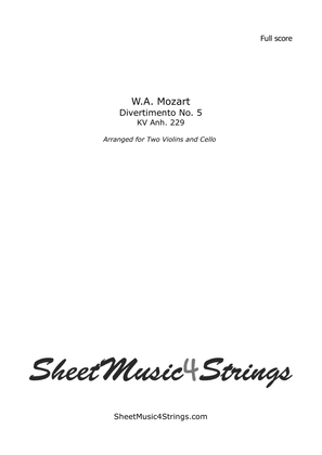 Book cover for Mozart, W.A. - Divertimento No. 5, K. 229 for 2 Violins and Cello