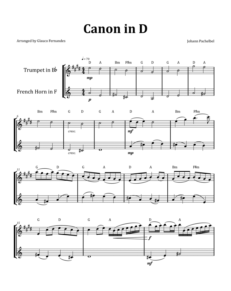 Canon by Pachelbel - Trumpet and French Horn Duet with Chord Notation image number null