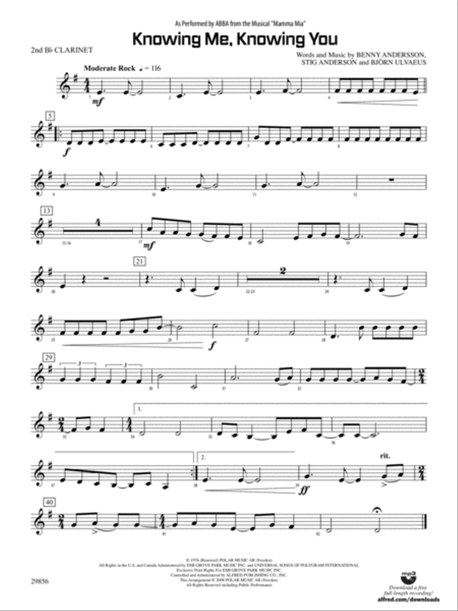Knowing Me, Knowing You (As performed by ABBA from the musical Mamma Mia): 2nd B-flat Clarinet Concert Band scores gallery preview page 1