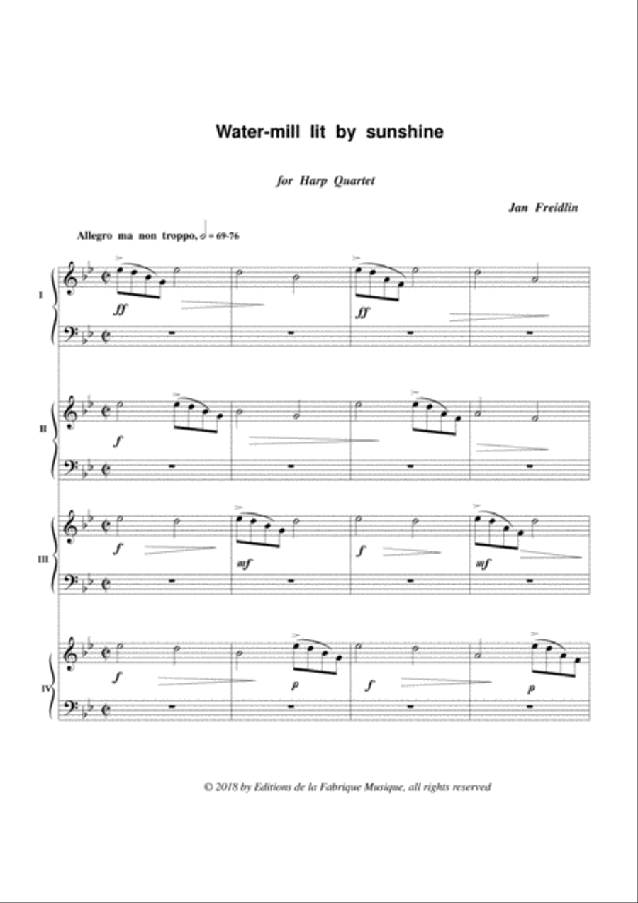 Jan Freidlin: Water-mill LIt By Sunshine for four harps Harp scores gallery preview page 2