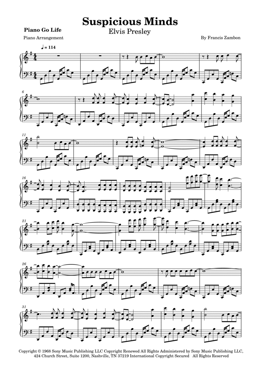 Suspicious Minds Piano Solo scores gallery preview page 1