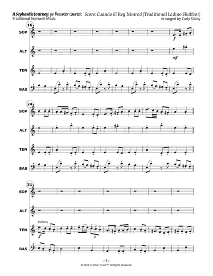 A Sephardic Journey: Cuando El Rey Nimrod - Traditional Ladino Table Song for Recorder Quartet Soprano Recorder scores gallery preview page 6