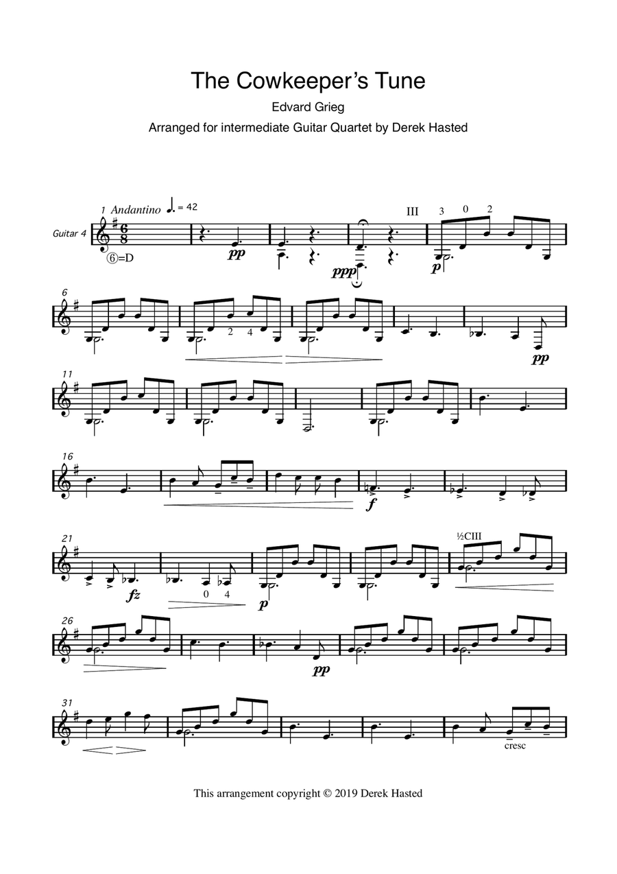 The Cowkeeper's Tune (Grieg Op 63) - Guitar Quartet Guitar Ensemble scores gallery preview page 4