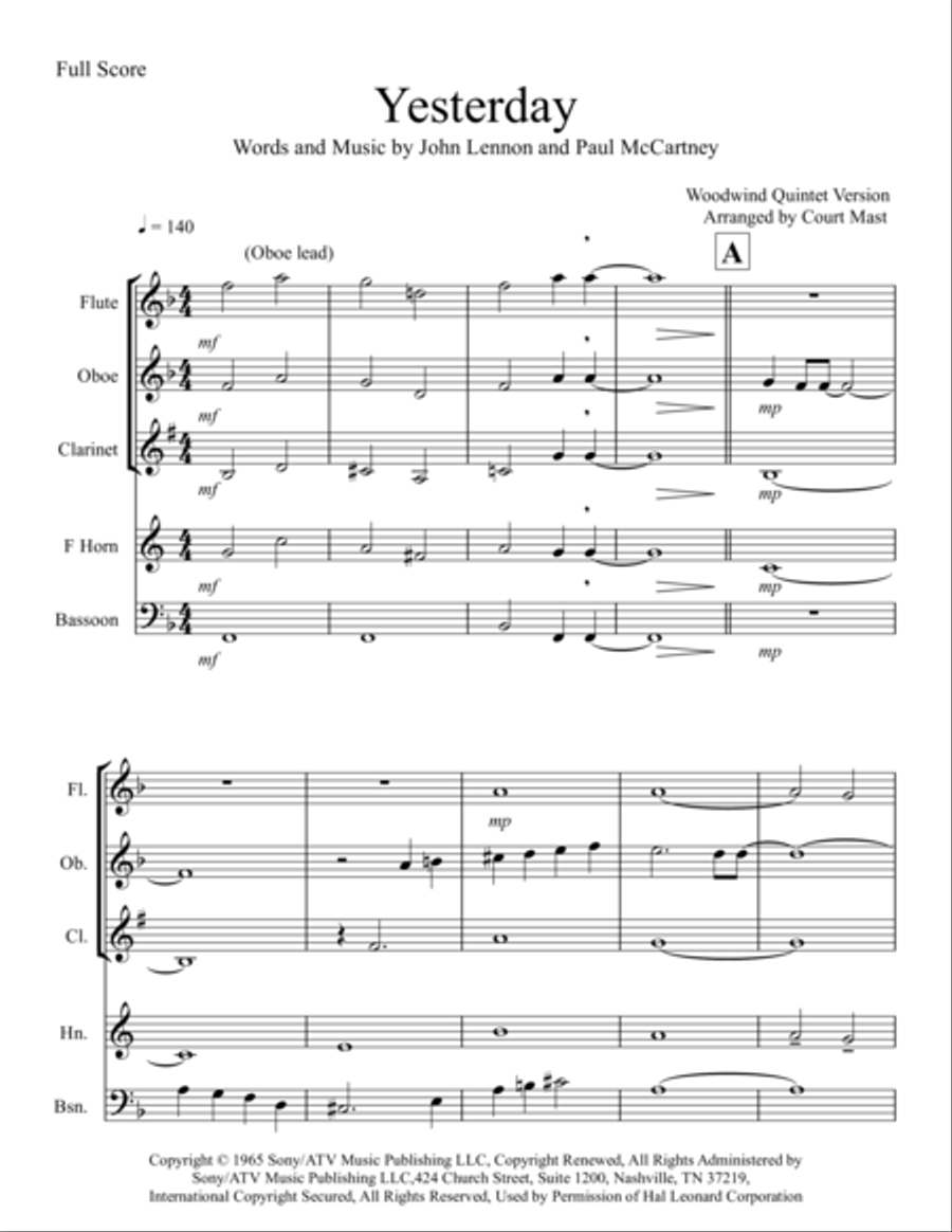 Yesterday Woodwind Quintet scores gallery preview page 1