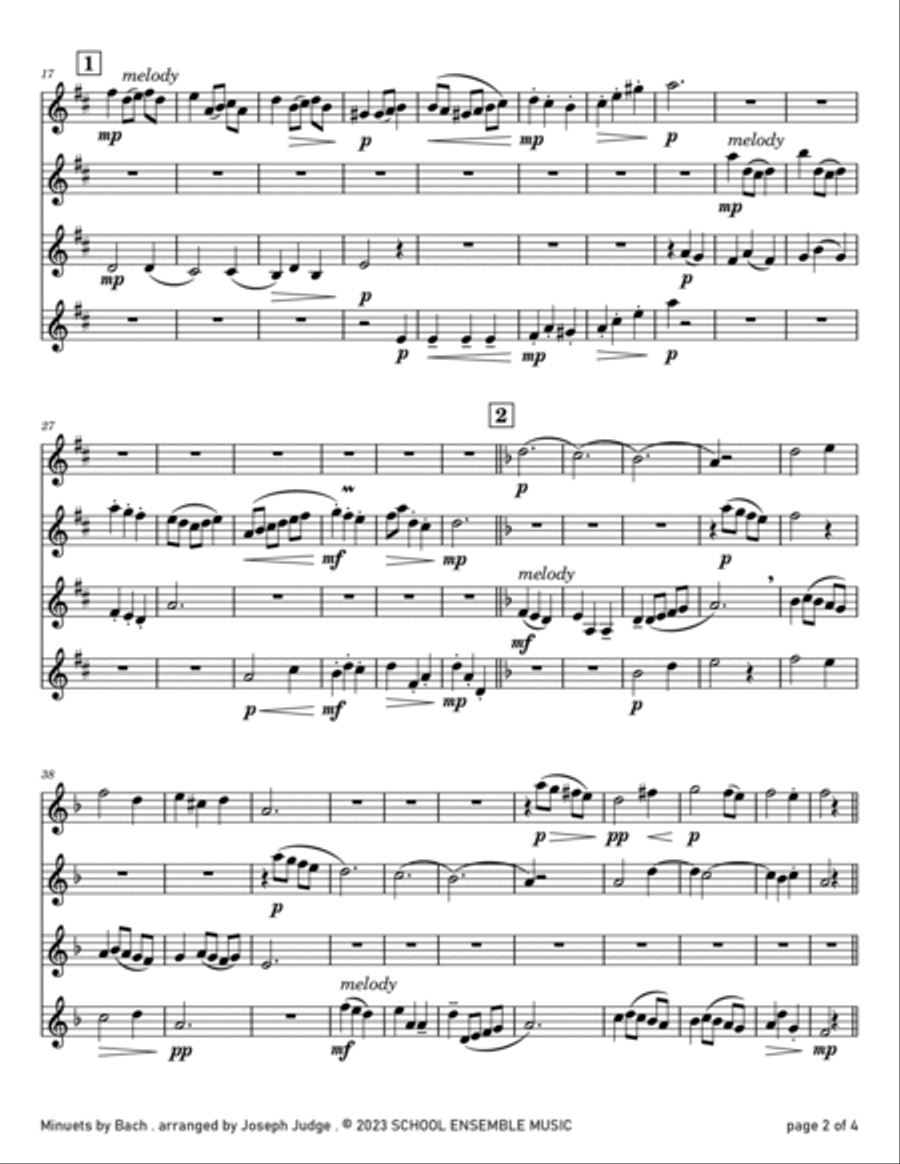 Minuets by Bach for Clarinet Quartet in Schools Clarinet Quartet scores gallery preview page 2