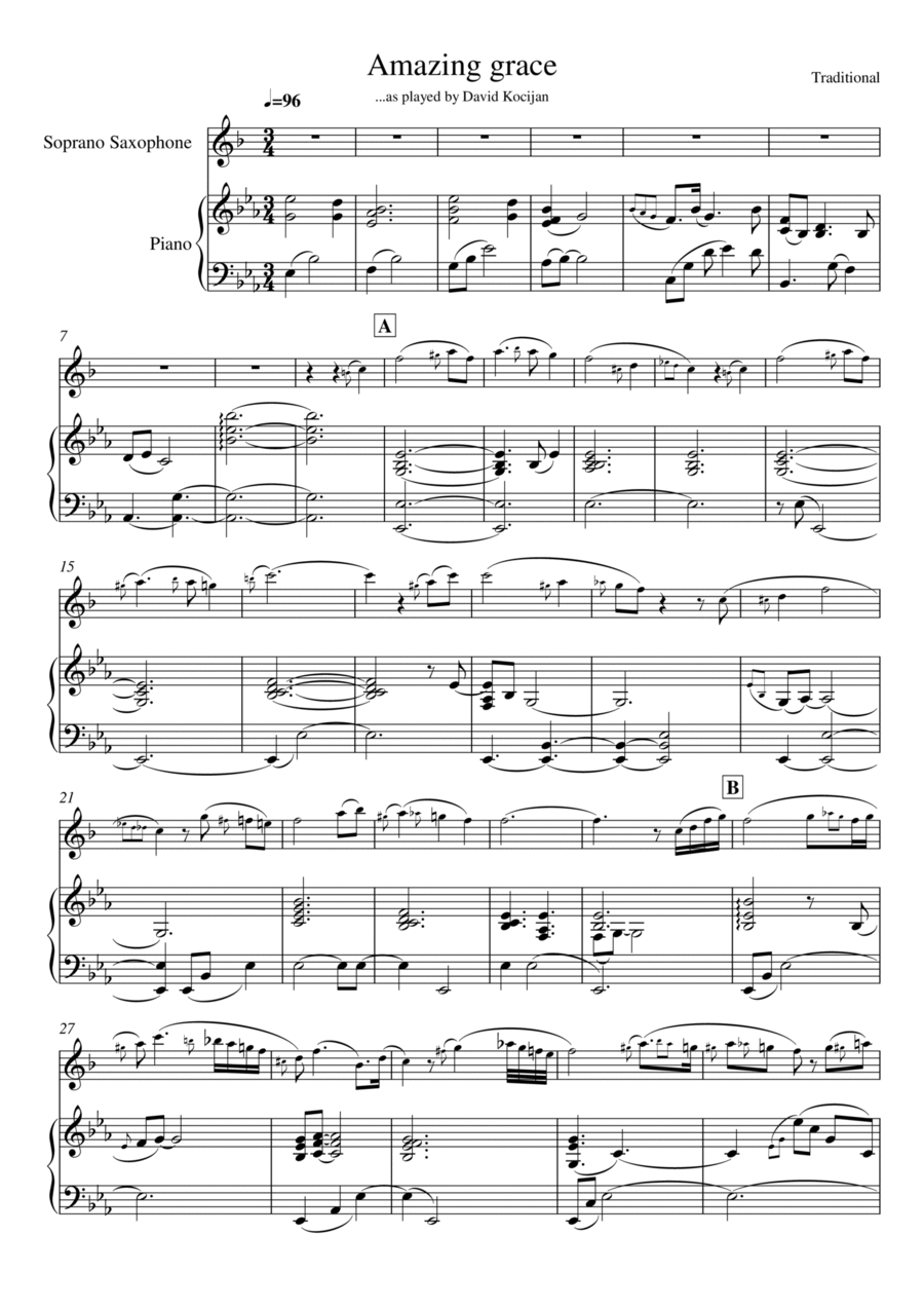 Amazing grace (piano & soprano saxophone) Soprano Saxophone scores gallery preview page 1