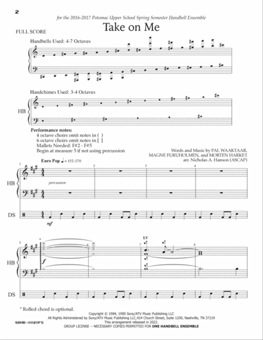 Take On Me Handbell Choir scores gallery preview page 2