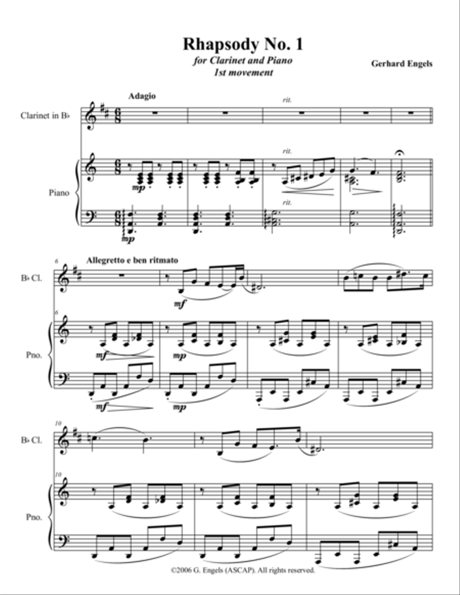 Rhapsody No. 1 for Clarinet and Piano Clarinet Solo scores gallery preview page 1