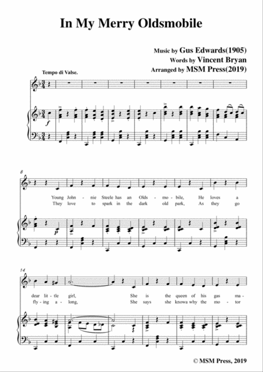 Gus Edwards-In My Merry Oldsmobile,in F Major,for Voice and Piano Voice Solo scores gallery preview page 3