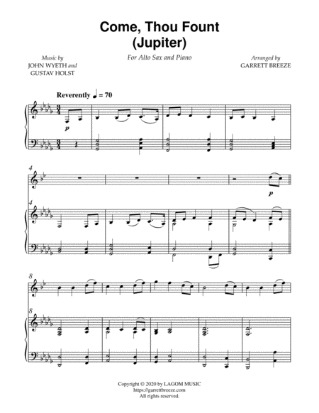 Come, Thou Fount of Every Blessing (Jupiter) - Solo Alto Sax & Piano image number null