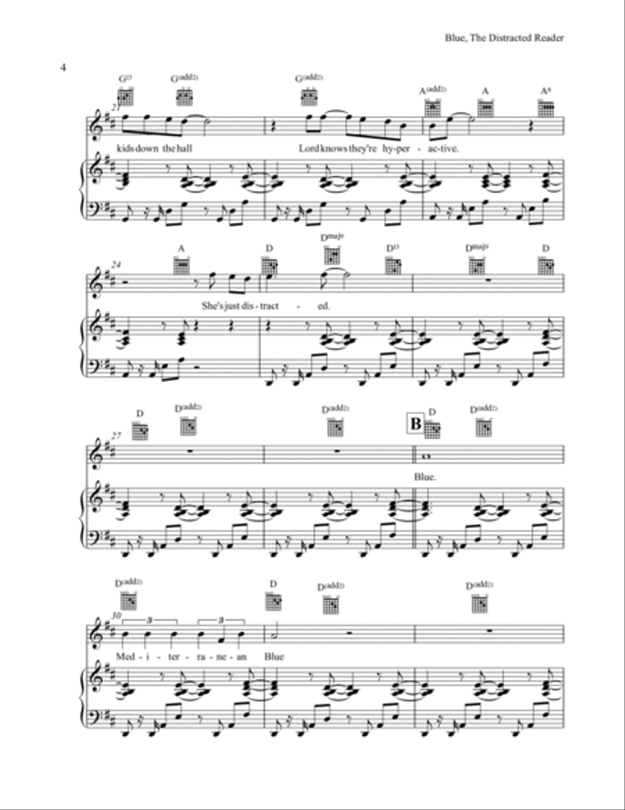 Blue, the Distracted Reader Piano, Vocal, Guitar scores gallery preview page 4