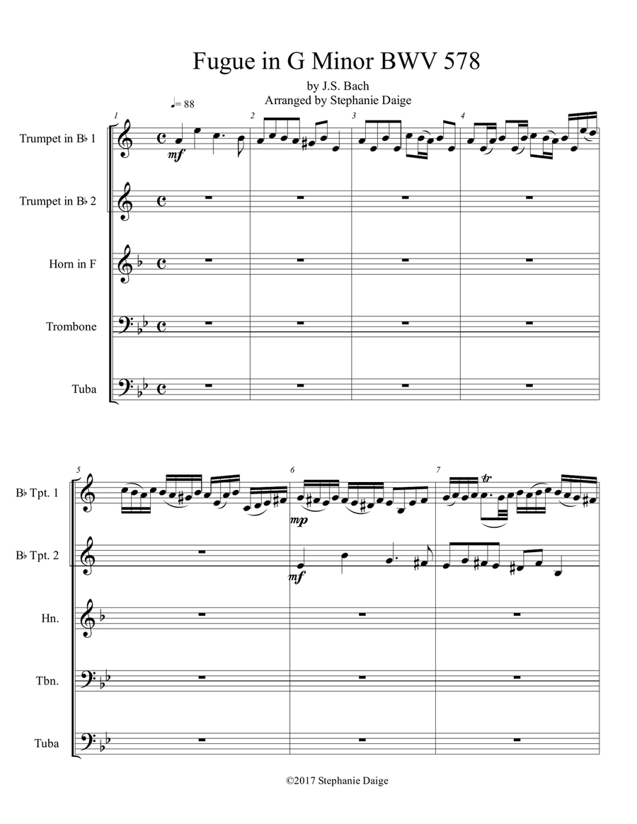 Bach Little Fugue in G Minor for Brass Quintet BWV 578 Brass Quintet scores gallery preview page 3