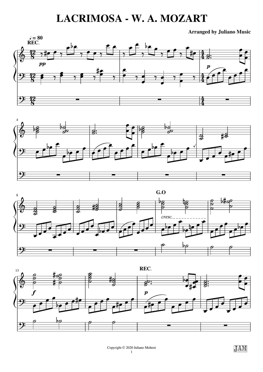 LACRIMOSA (EASY ORGAN) - W. A. MOZART Organ Solo scores gallery preview page 3