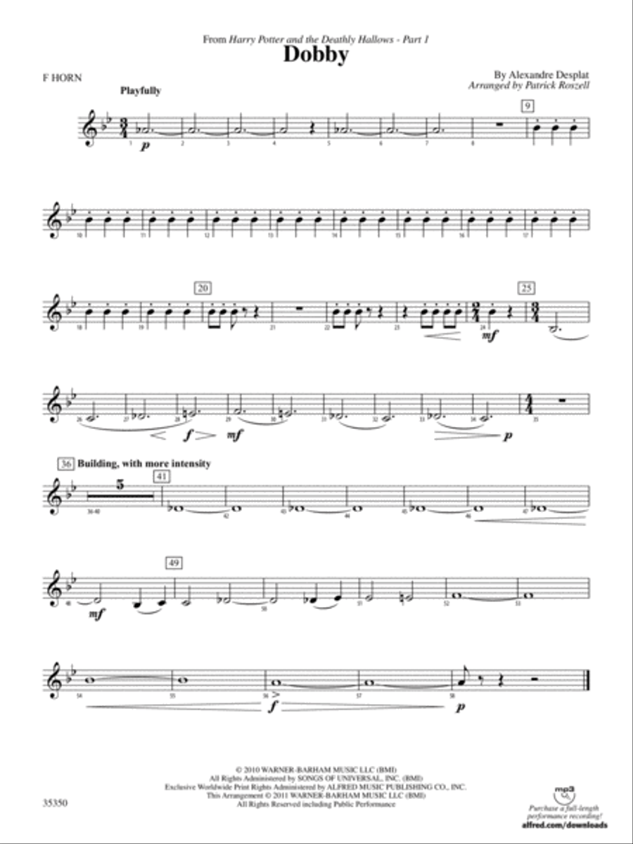 Dobby (from Harry Potter and the Deathly Hallows, Part 1): 1st F Horn Concert Band scores gallery preview page 1