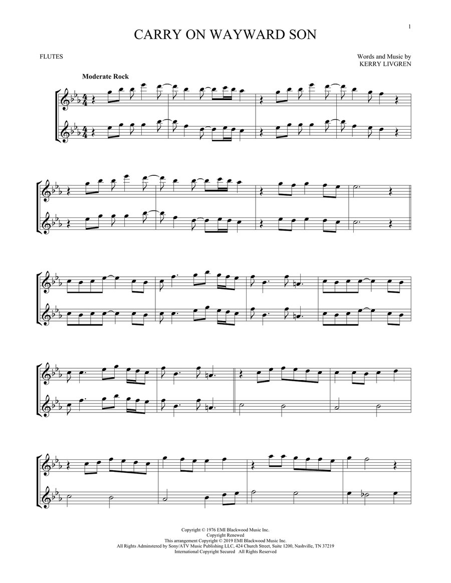 Carry On Wayward Son Flute Duet scores gallery preview page 1