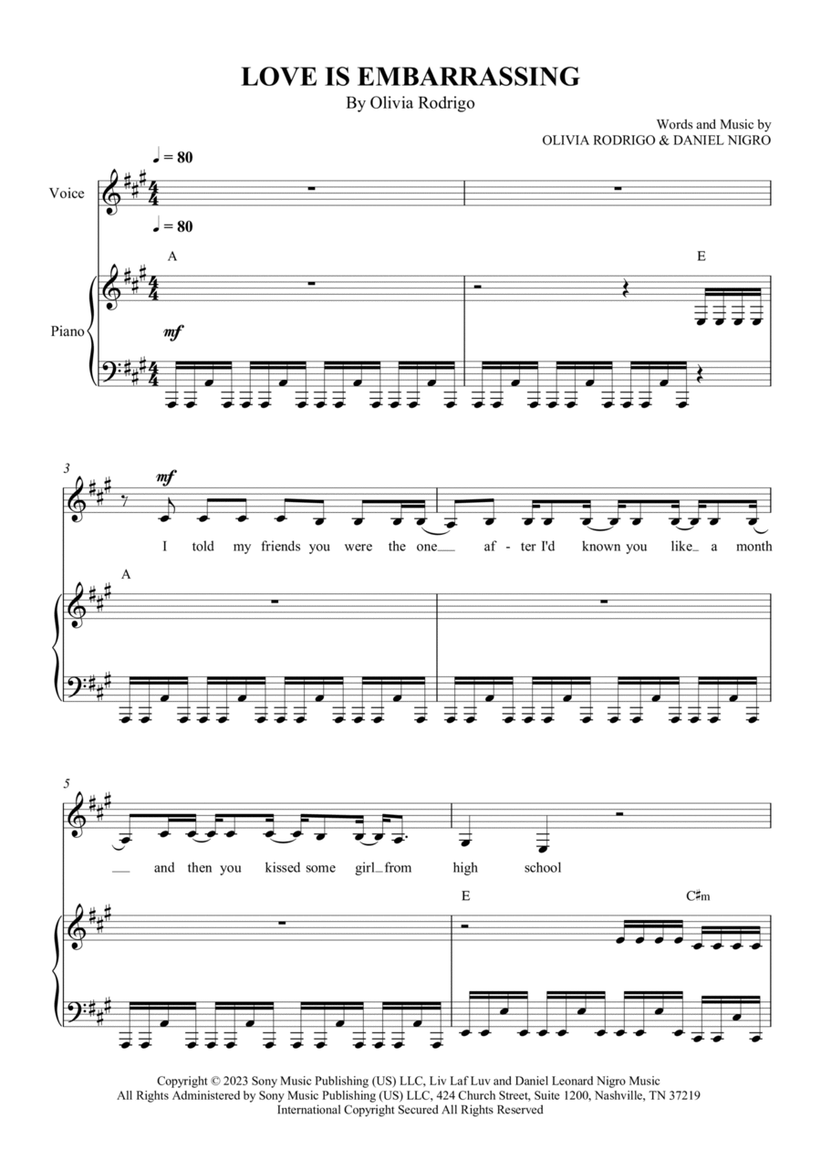 Love Is Embarrassing Piano, Vocal, Guitar scores gallery preview page 1