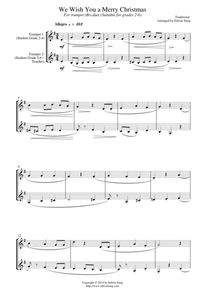 We Wish You A Merry Christmas (for trumpet (Bb) duet, suitable for grades 2-6) image number null
