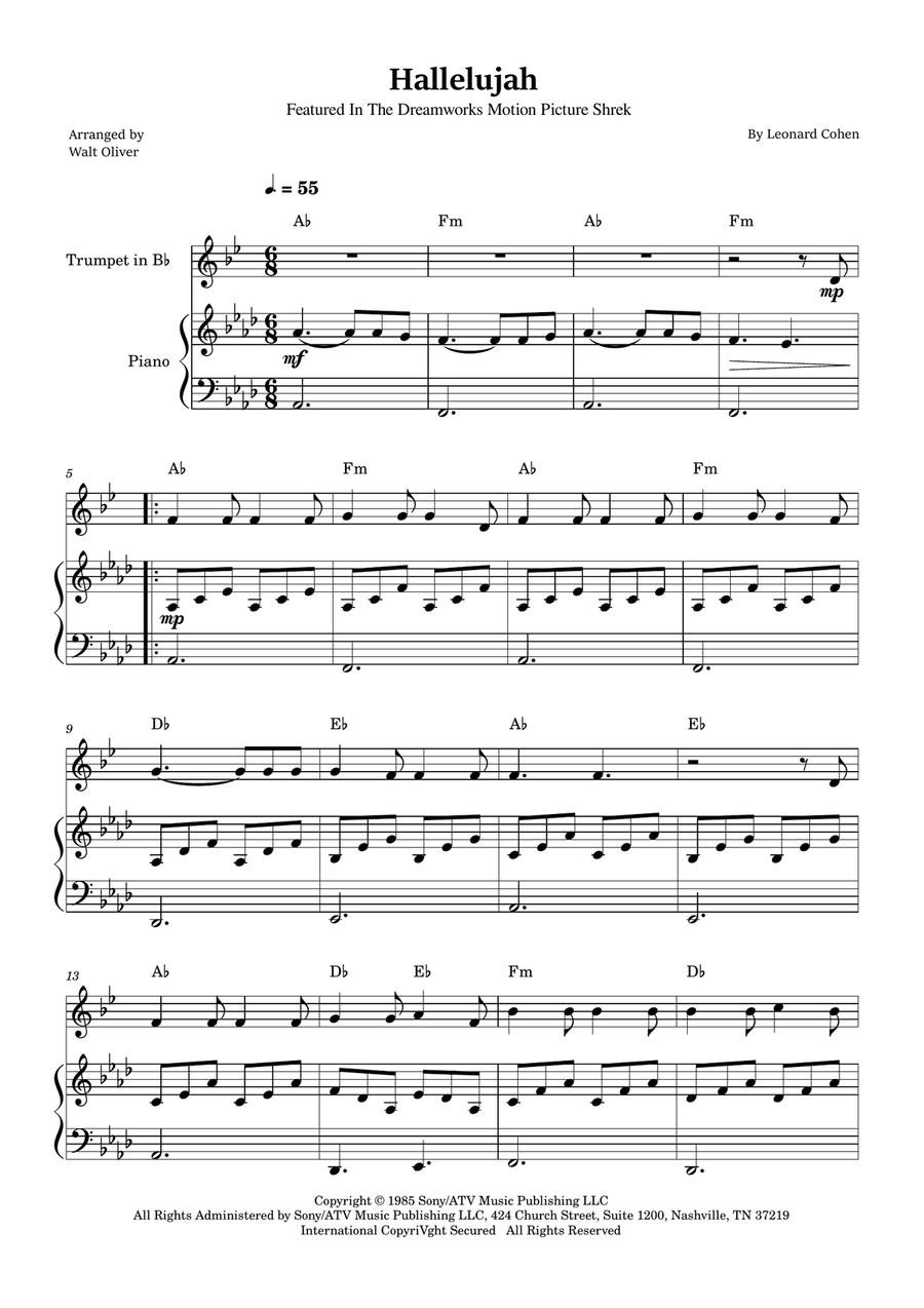 Hallelujah B-Flat Trumpet scores gallery preview page 1