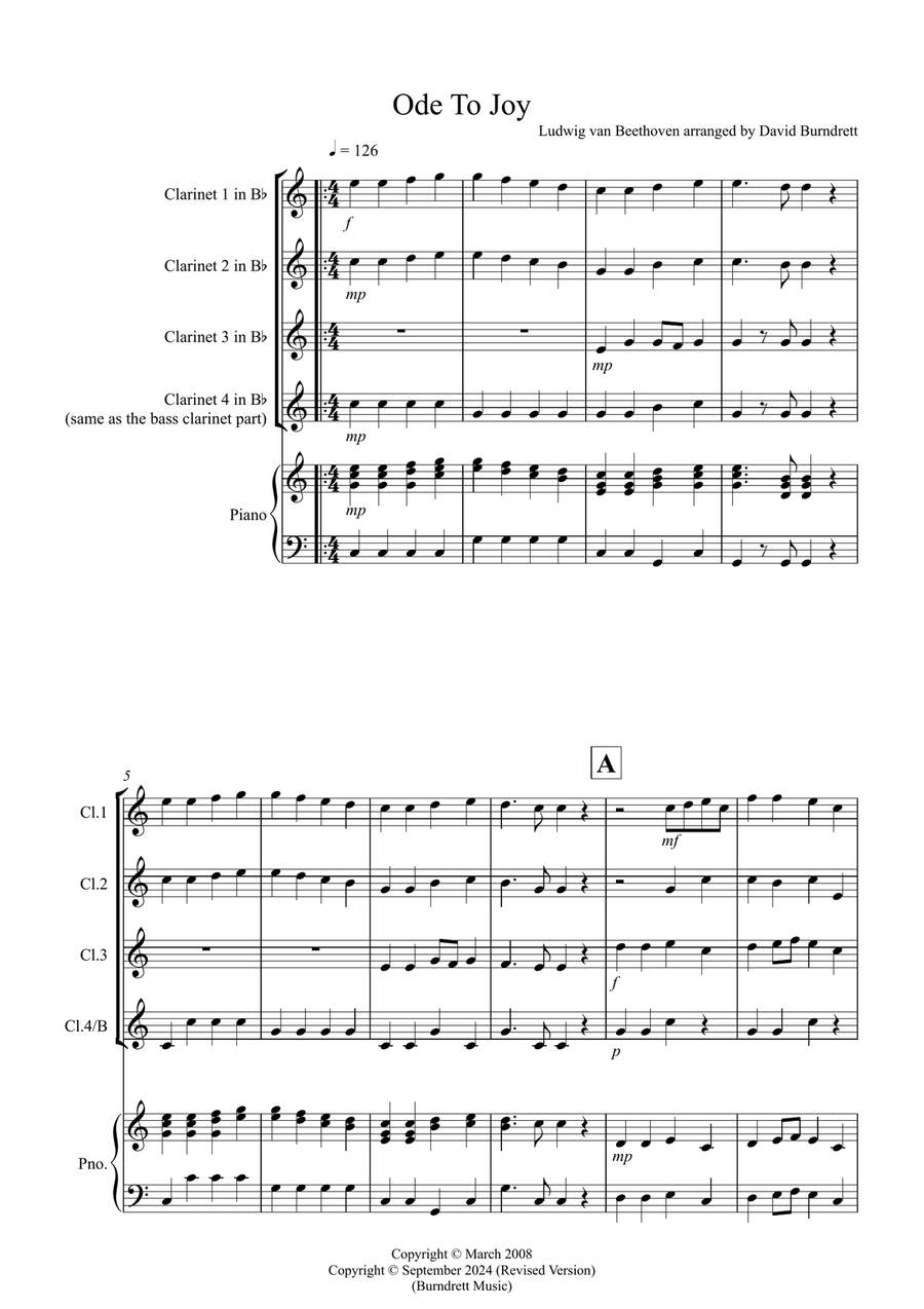 Ode to Joy for Clarinet Quartet Ode to Joy for Clarinet Quartet Clarinet Quartet scores gallery preview page 1
