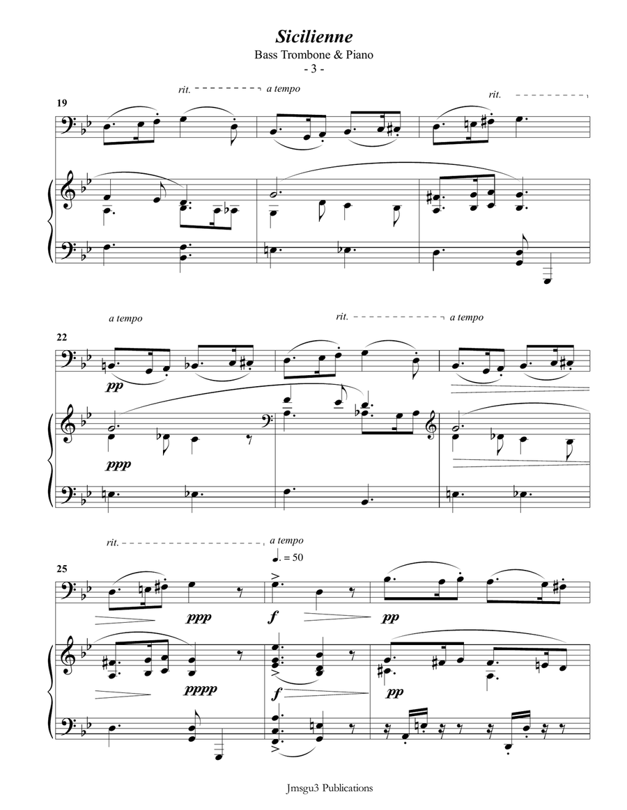Fauré: Sicilienne for Bass Trombone & Piano Trombone scores gallery preview page 3
