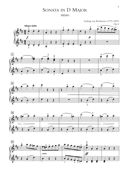 Beethoven: Sonata in D Major, Opus 6 - Piano Duet (1 Piano, 4 Hands)