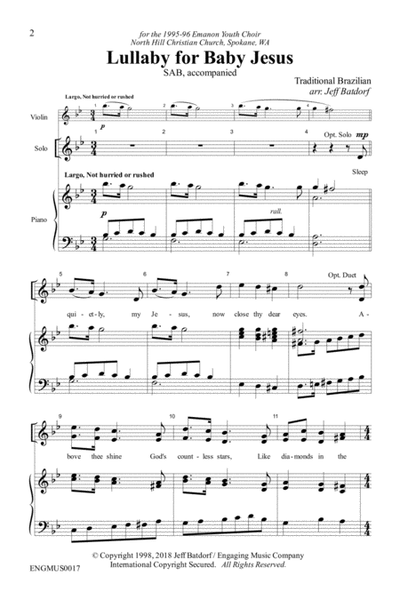 Lullaby of the Baby Jesus - SATB with Piano and optional Violin or C instrument image number null