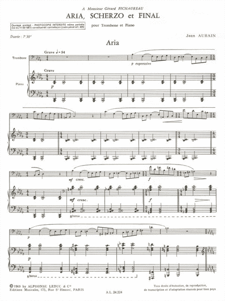 Aria, Scherzo Et Final (trombone & Piano)