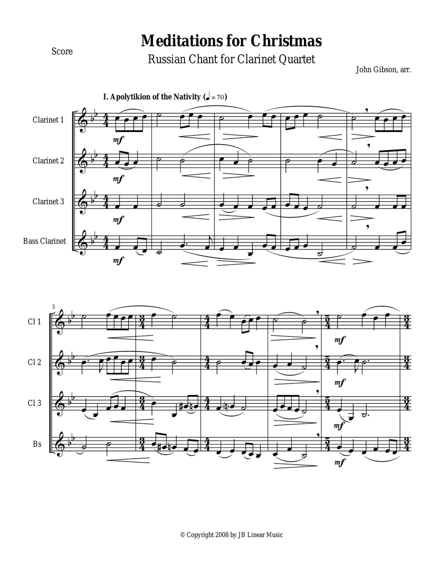 Meditations for Christmas, Russian Chant for Clarinet Quartet Clarinet Quartet scores gallery preview page 1