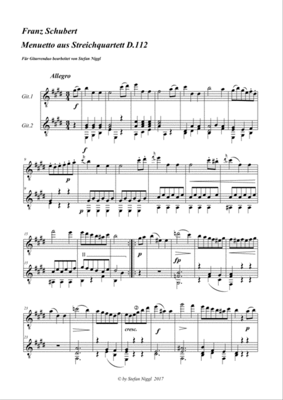 Menuetto from String Quartet D.112 for Guitar Duet Cello scores gallery preview page 1
