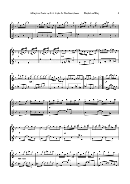 Five Ragtime Duets by Scott Joplin for Alto Saxophone