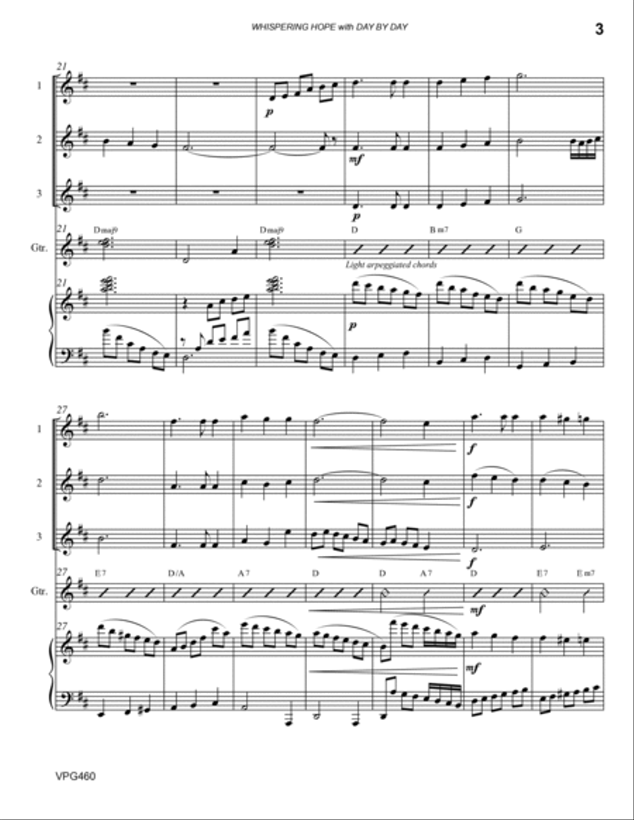WHISPERING HOPE with DAY BY DAY - 3 Violins & Guitar with Piano accompaniment Small Ensemble scores gallery preview page 3