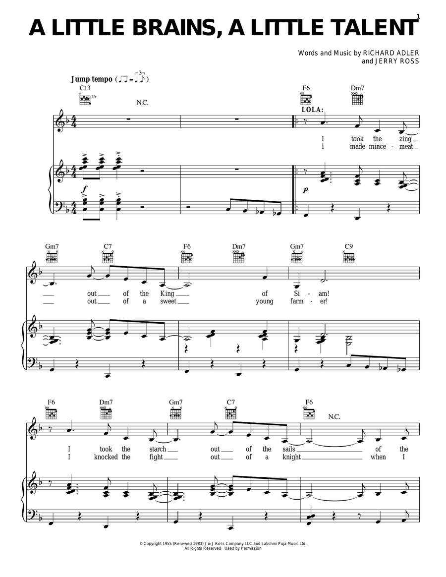 A Little Brains, A Little Talent (from Damn Yankees) Piano, Vocal, Guitar scores gallery preview page 1