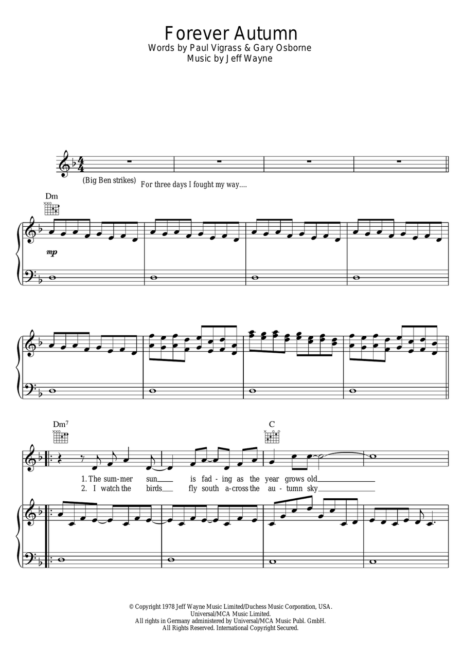 Forever Autumn (from War Of The Worlds) Piano, Vocal, Guitar scores gallery preview page 1