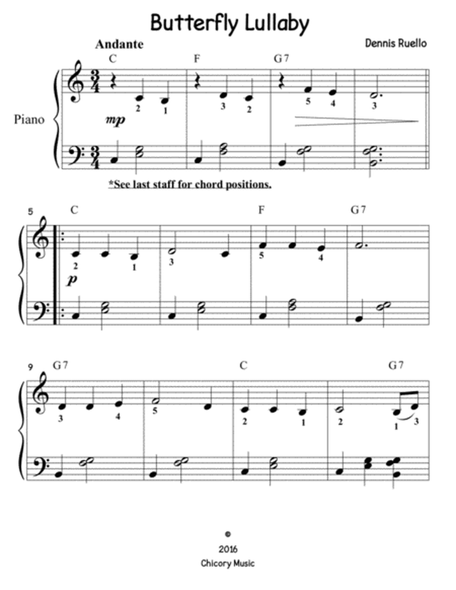 Butterfly Lullaby (big note) - Piano Solo - Easy/Beginner image number null