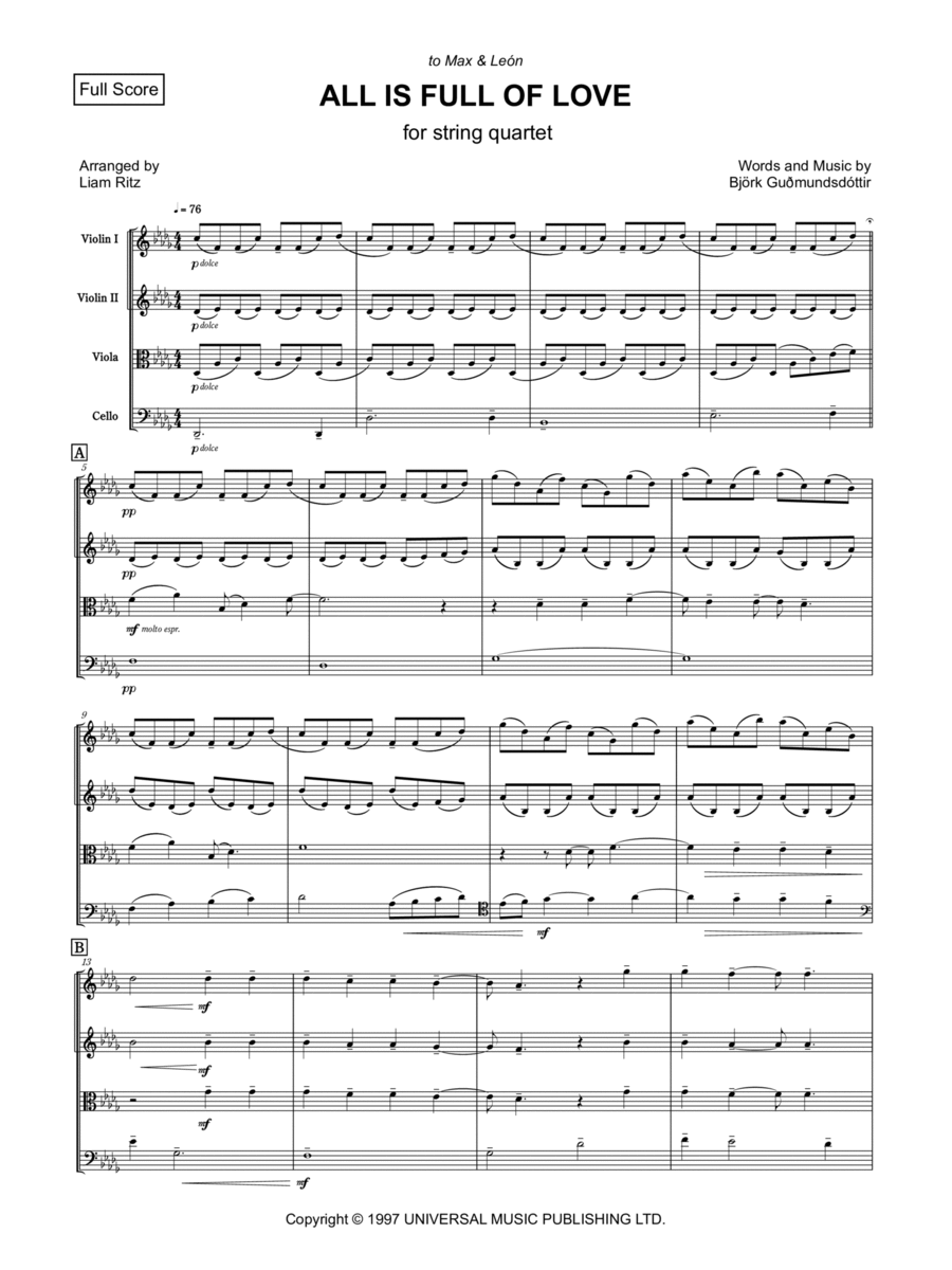 All Is Full Of Love String Quartet scores gallery preview page 1